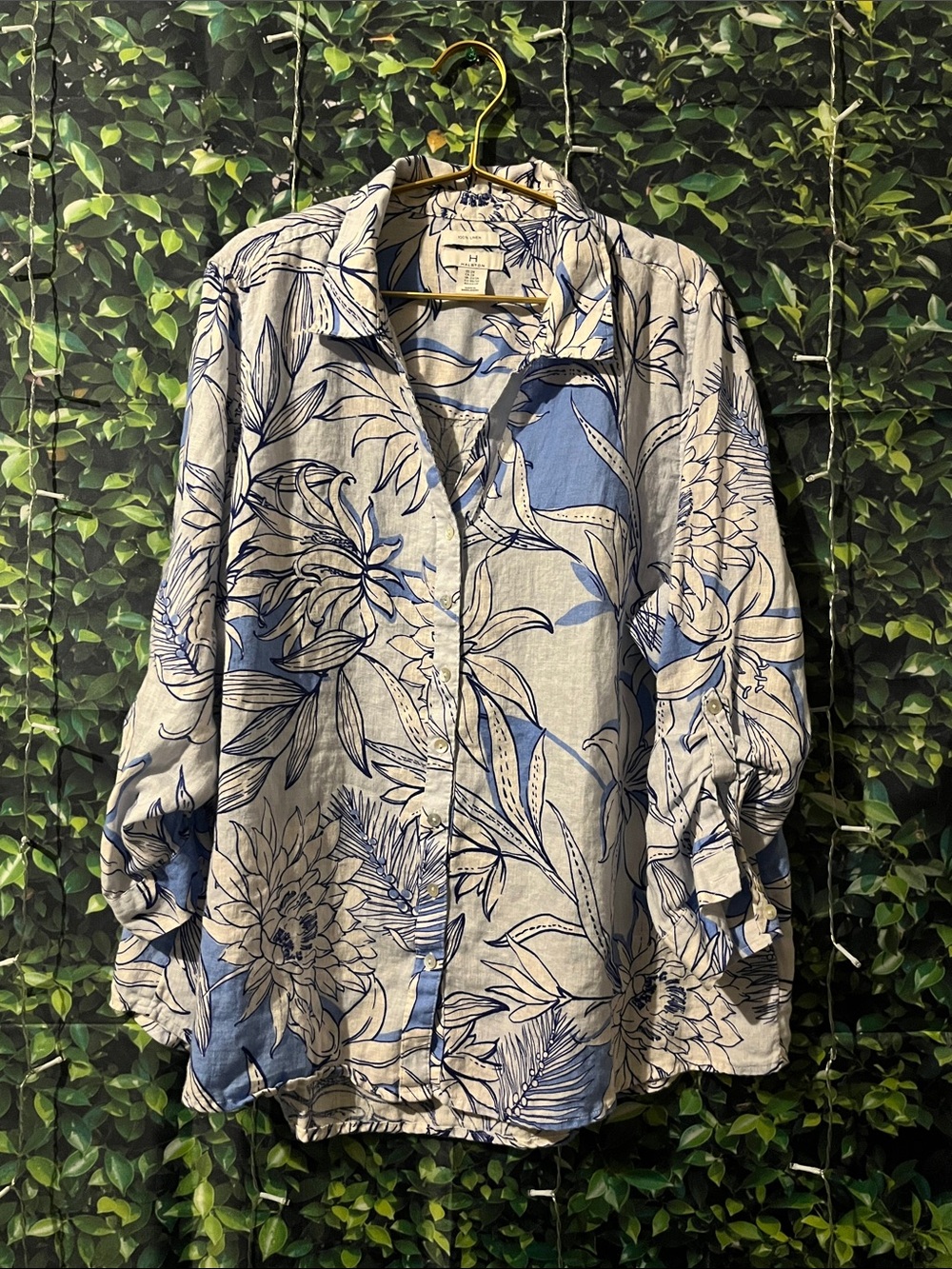 Halston Heritage White Linen Shirt with Blue Floral Print